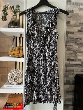 Black & White Printed Ruffle Wrap Mini Dress